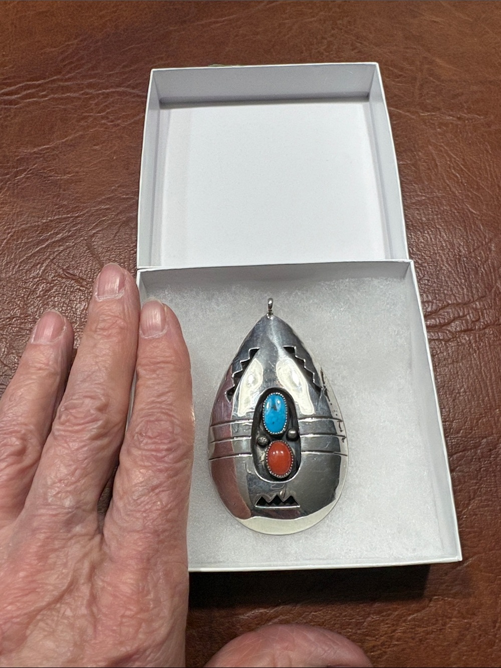 Native American Heavy Sterling Teardrop Pendant with Turquoise & Coral Stones